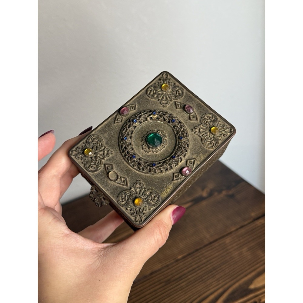 Antique E & J B Empire Art Gold Jeweled Vanity Box Ornate Brass Broken